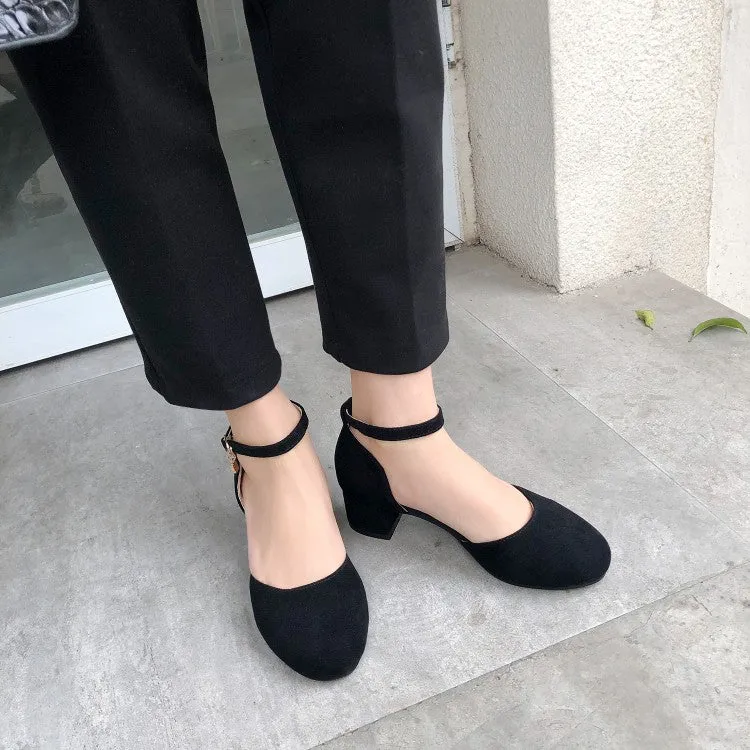 Women's Solid Color Suede Round Toe Ankle Strap Block Heel Sandals