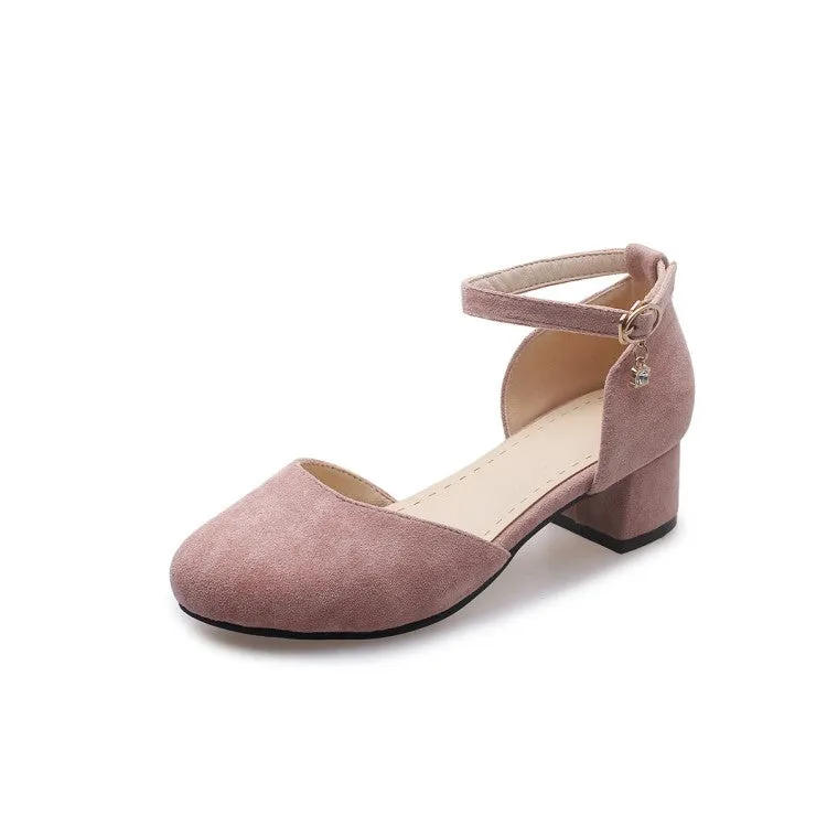 Women's Solid Color Suede Round Toe Ankle Strap Block Heel Sandals